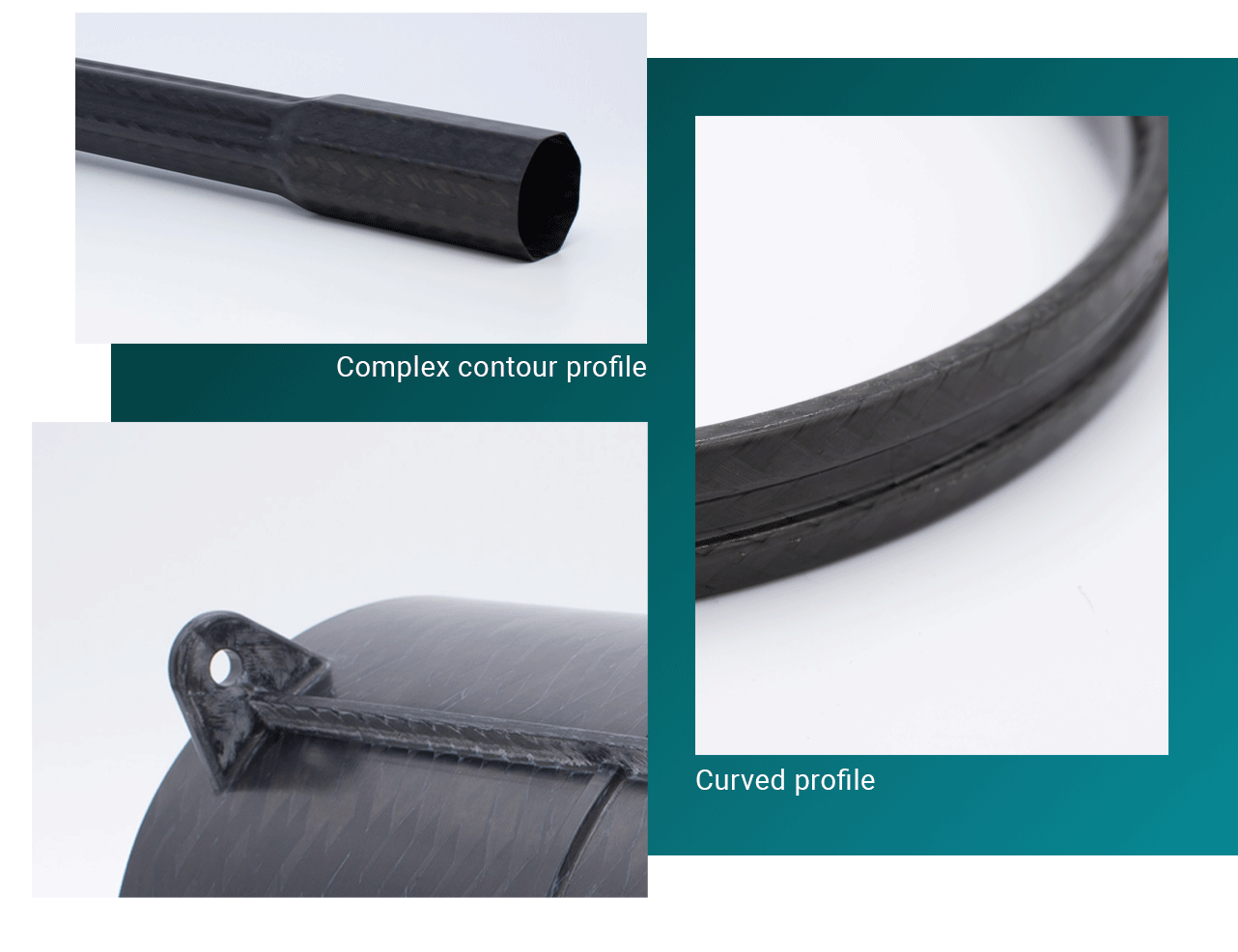 Thermoplastic composite; fiber reinforced thermoplastic (FRTP); Carbon fiber reinforced thermoplastic (CFRTP) profiles The profieles can be made from CF-PEEK, CF-PAEK, CF-PEKK, CF-PPS, CF-PA, GF-PEEK, GF-PAEK, GF-PEKK, GF-PPS, CF-PA Complex contour profile with variable cross-sections Curved profile Curved Pipe with fitting, racket Profile with functions The functions are co-consolidated directly onto the profiles. The profiles are ultralight and cost-effective and sustainable