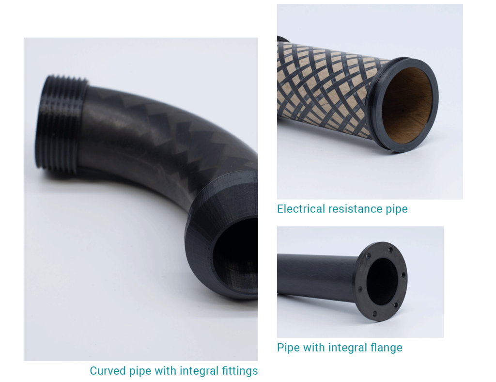 Thermoplastic composite; fiber reinforced thermoplastic (FRTP); Carbon fiber reinforced thermoplastic (CFRTP) pipes The Pipe can be made from CF-PEEK, CF-PAEK, CF-PEKK, CF-PPS, CF-PA, GF-PEEK, GF-PAEK, GF-PEKK, GF-PPS, CF-PA Pipe with composite flange Pipe with fitting Curved Pipe with fitting The flanges and fittings are co-consolidated directly onto the pipe. Liner can be integrated into the pipe The pipes ultralight and cost-effective and sustainable